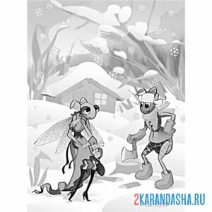 Раскраска стрекоза и муравей зимой онлайн
