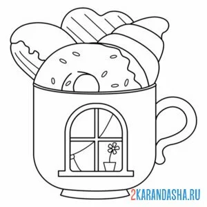 Раскраска чашка с пончиками онлайн