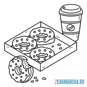 Раскраска пончики в коробке и кофе онлайн