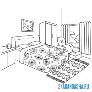 Раскраска спальня кровать онлайн