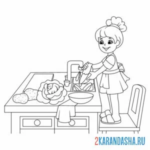 Распечатать раскраску девочка на кухне на А4