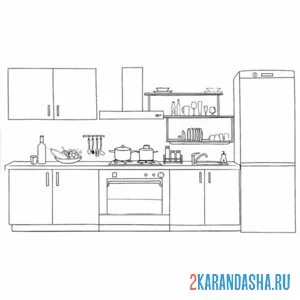 Распечатать раскраску кухонный гарнитур мебель на А4