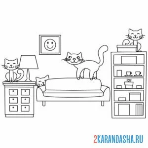 Раскраска котики и мебель онлайн