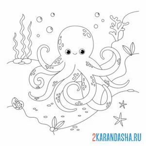 Раскраска осьминог на морском дне онлайн