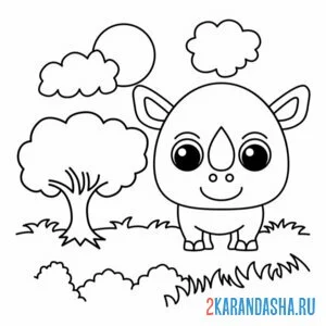 Раскраска носорог у дерева онлайн