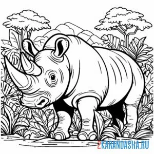 Распечатать раскраску носорог в густом лесу на А4