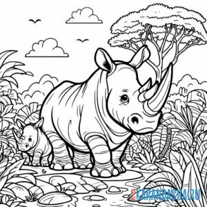Распечатать раскраску мама-носорог и детеныш на А4