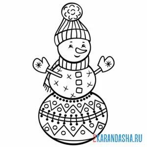 Раскраска снеговик в узорах и варежках онлайн