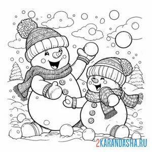 Раскраска зимние варежки на снеговиках онлайн