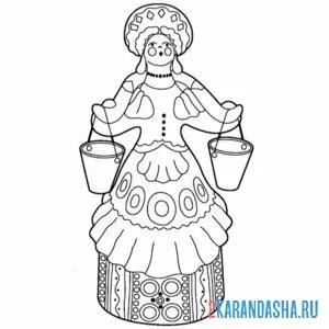 Раскраска дымковская игрушка баба с коромыслом онлайн