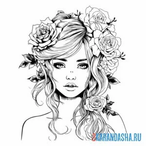 Раскраска красивая девушка и цветы онлайн