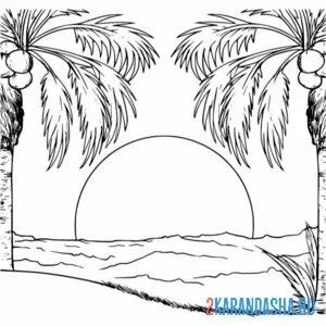 Распечатать раскраску море солнце закат пальмы на А4