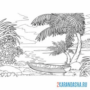 Раскраска лодка, море и пальмы онлайн