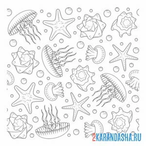Распечатать раскраску медузы и морские существа на А4