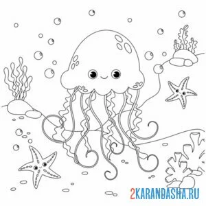 Распечатать раскраску медуза подводный мир на А4