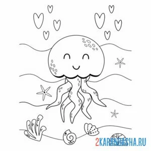 Распечатать раскраску медуза с сердечками на А4