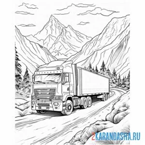 Распечатать раскраску тягач грузовик в горах на А4