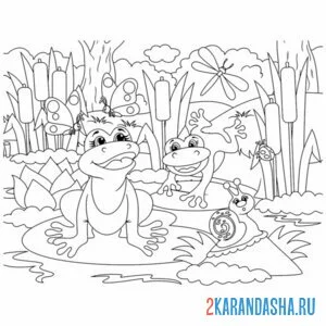 Раскраска болото с лягушками и улитками онлайн