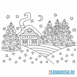 Раскраска снежный зимний дом и лес онлайн