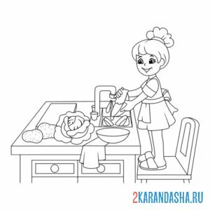 Распечатать раскраску девочка моет посуду на А4
