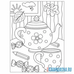 Раскраска чайника и чашка с конфетами онлайн