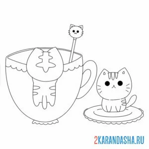 Раскраска котики и чашка онлайн