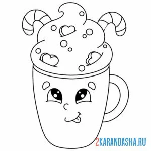 Раскраска каваи чашка и вкусняшки онлайн
