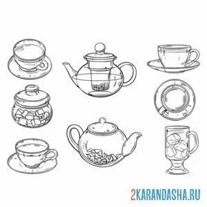 Раскраска чашки стаканы чайники чай онлайн