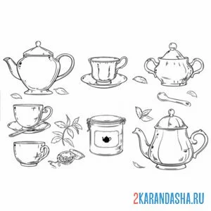 Раскраска чайный набор чашки онлайн