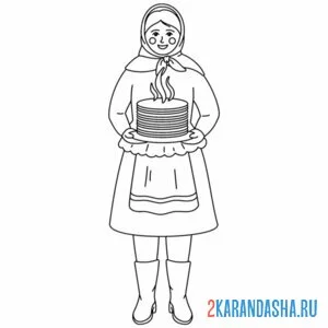 Распечатать раскраску русская девушка с блинами на А4