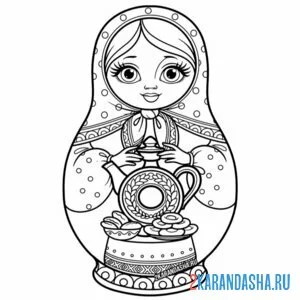 Раскраска матрешка русская с чайником онлайн