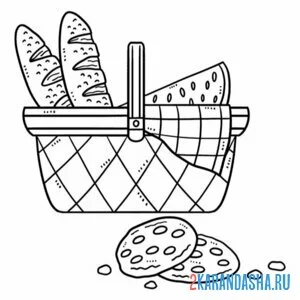 Раскраска корзинка для пикника с батоном онлайн