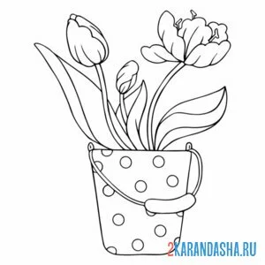 Раскраска подснежники и тюльпаны в ведерке онлайн