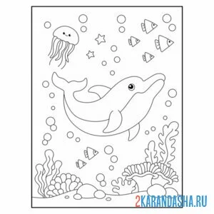 Распечатать раскраску дельфин под водой море на А4