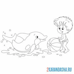 Распечатать раскраску мальчик играет с дельфином на А4