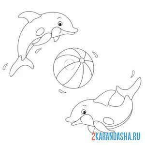 Раскраска два дельфина и мяч онлайн