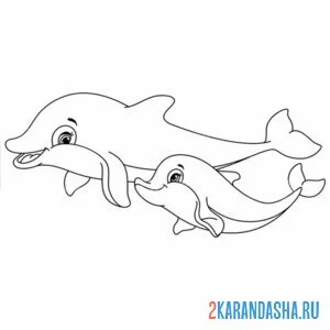 Распечатать раскраску красивая семья дельфинов на А4