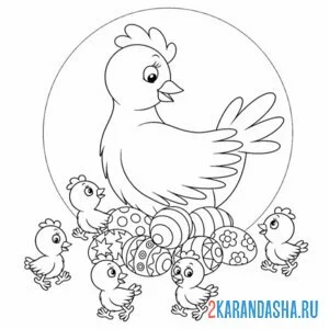 Раскраска курица мама и ее цыплята онлайн