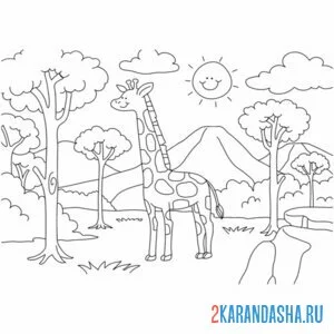 Распечатать раскраску жираф зоопарк вольер на А4