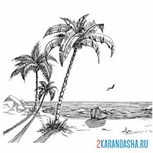 Раскраска пальма пляж чайка онлайн