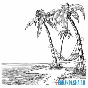 Раскраска пальмы и гамак онлайн