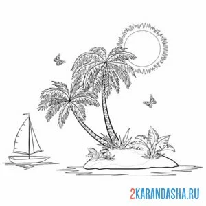 Раскраска парусная лодка и пальма онлайн