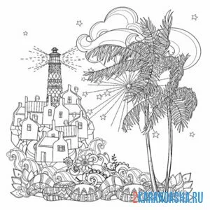 Раскраска пальма и маяк онлайн
