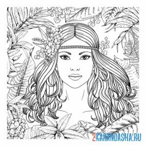 Раскраска девушка в листьях пальмы онлайн