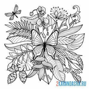 Раскраска бабочка листья пальмы онлайн