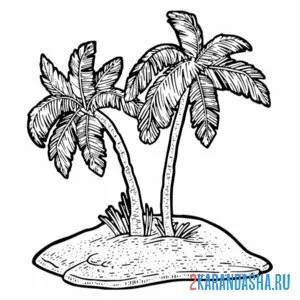 Раскраска две пальмы на песчаном острове онлайн