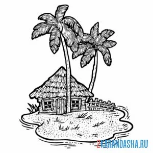 Раскраска бунгало и пальмы онлайн