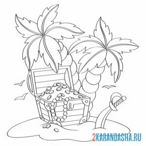 Раскраска сундук сокровища пальма онлайн