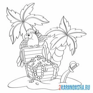 Раскраска попугай охраняет сокровища пальма онлайн