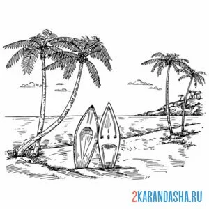 Раскраска доски для серфинга и пальма онлайн